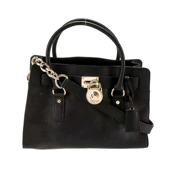 Michael Kors Saffiano Leather Hamilton Tote Medium Black Gold Hardware Work Bag - Picture 1 of 6